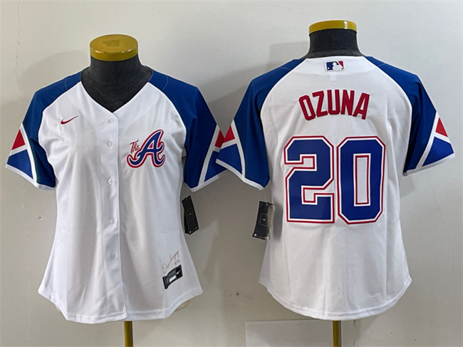 Women's Atlanta Braves #20 Marcell Ozuna White 2023 City Connect Stitched Baseball Jersey(Run Small)